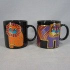 2 Laurel Burch Cat Coffee Mugs Cups - Harlequin Cat - Lion