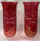2 Vintage Cranberry Floral Etched Glass Mantle Lamp Chimney Shade Globes 10   