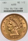 1861  2 5 Pcgs Au55 Ogh Gen 2 1 Gold Liberty Head Quarter Eagle 2 Piece Holder