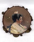 Antique Hand Printed Portrait Wooden Tamborine Primitive Rustic Frame Drum