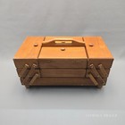 Vtg Brown Wooden Accordion 3 Tier Fold Out Sewing Box Basket  Made In Romania
