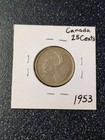1953 Canada 25 Cents Coin - 80  Silver - Queen Elizabeth Ii