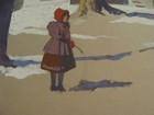 Vintage Unfinished Painting On Paper  Girl With Hoop Toy W House  Winter Nh
