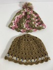 2 Handmade Crochet Girls Hats Boho Cottagecore Bobble Scallop Pom Pom