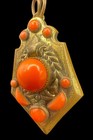 Antique Art Deco Czech Coral Glass Cabochon Gilt Brass Collar Necklace 14 5   