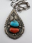 Vtg Navajo Sterling Silver Bisbee Turquoise   Coral Link Necklace Pendant