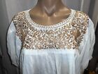 Vintage Oaxacan Top   Off White Embroidered Mexican Peasant Hippie Blouse Size M