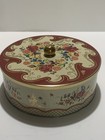 Vintage England Lidded Tin Container Maroon Burgundy Floral Gold Accents 