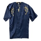 Vintage Japanese Kimono Robe Made In Japan Embroidered 54  Chest Navy Blue Satin