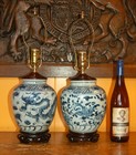 Chinese Ginger Jar Lamps Pair Blue   White Dragon Phoenix Vases Porcelain