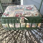 Vintage Woven Wicker Hinged Floral Padded Top Sewing Basket 