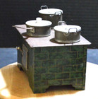 Vintage Metal Tin Litho Range Stove Child s Toy With Covered Pots Mid Century