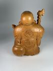 Chinese Hand Carved Wooden Hotei Laughing Buddha Statue Sculpture Prosperity