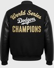 Men s Black And Gold Dodgers Bomber Jacket Wool Body Leather Sleeves Snap Front