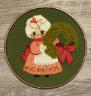 1970   s Vtg Set Of Bernat Santa   Mrs Claus Completed Crewel Hooped Embroidery