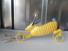 Foreside Whimsical Blue Yellow Striped Rabbit On Wheels Pull Toy Tin Metal Decor