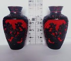 Pair Vintage Chinese Cinnabar Lacquer Vases Carved Black Red Brass Blue Enamel