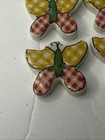 6 Vintage Ceramic Butterfly Buttons Plaid Folk Art Crafting Sewing