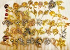 Huge Lot Of 50 Pieces Vintage Style Rhinestone Brooches Pins Flowers Gold Tone