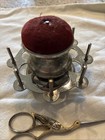 Antique Rotating Thread Spool Holder Pin Cushion Sewing   Stork Scissors Germany