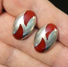 Vintage Mexico Sterling Silver Red Enamel Oval Domed Drop Pierced Post Earrings