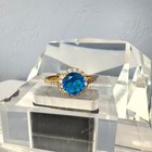 Vintage Style Gold Tone Blue Glass Halo Ring With Rhinestones Size 10