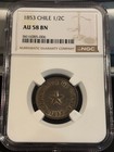 Chile 1 2 Centavo 1853  Republic  Ngc Au 58 Bn W  Luster  Scarce Date grade  Q1