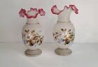 Large Pair Antique Bristol Art Glass Vases Hand Painted Floral Decor Ruffled Top