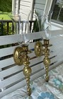 Vintage Pair Large Lacquered Brass Wall Sconces Hurricane Glass Candle Holder
