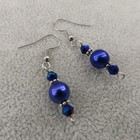 Blue Dangle Earrings Czech Glass Pearl Bead Crystal Silver Tone Gift For Her 
