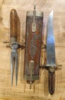 Vintage Wood Carving W brass Knife   Fork Set W stand Sheath - Unique  Mcm