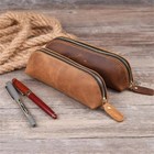 Vintage Coffee Brown Pencils Case Pen Pouch Zipper Stationery Storage Bag Holder