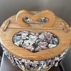 Vintage  Sewing Basket Wooden Flip Top Heart Wood Handle Fabric Large 15   Teddy