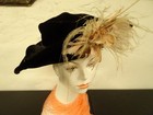 Vintage 1940s Black Velvet Wide Brim Hat With Feathers Art Deco No Label