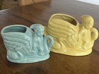 2 Vintage Pixie Gnome Elf Riding Swan Nursery Planter Yellow And Blue Pair Lot
