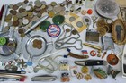 Vintage Junk Drawer Lot Estate Smalls Coins Lighters Knives Pens Ephemera Mixed