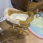 Vintage Large Baby Doll Carriage Buggy Lace Canopy Fabric Liner Wicker Metal