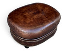 Vintage Baroque Brown Leather Oval Ottoman Brass Nailhead Trim Rounded Feet