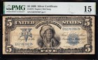 Nice Choice Fine  1899  5  indian Chief  Silver Certificate Pmg 15  Free Ship 