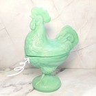 Green Jadeite Depression Style Glass Rooster Chicken Candy Dish  Hen On Nest