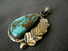 Native American Navajo Sky-blue Turquoise Silver Tone Chased Leaf Pendant