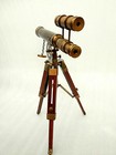 14  Brass Antique Finish Double Barrel Marine Telescope On Wooden Tripod Stand