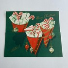 Vintage Mid Century Christmas Greeting Card Cones Of Candy Canes Gifts Ornaments