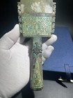 Chinese Carving Jade Spade Axe Bronze turquoise Inlaid Phoenix Pattern Yue             