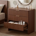 Walnut 3 Drawer Wavy Pattern Bedside Cabinet Modern Bedroom Storage