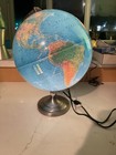 Vintage Lighted Glowing World Globe Lamp Lite Silver Nickel Detail Desktop