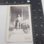 Army Man Standing On Steps House Porch Large Pouch 1940s Vintage Photo