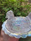 Mcm Vtg Mosser 6 75    Carnival Glass Hen On Nest Iridescent Candy Trinket Dish
