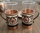 Vintage Turkish Etched Copper Plate Saucers Glasses Jar Hand Painted