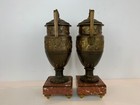Ant Pair Of French Spelter Urns On Rouge Marble Bases W  Scrolling Cherub Dec 